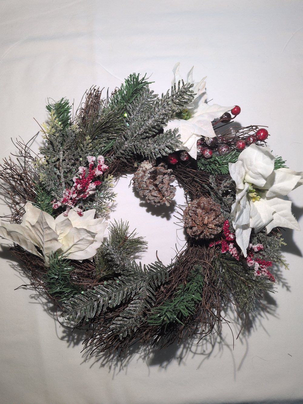 White Poinsettia & Pine Wreath